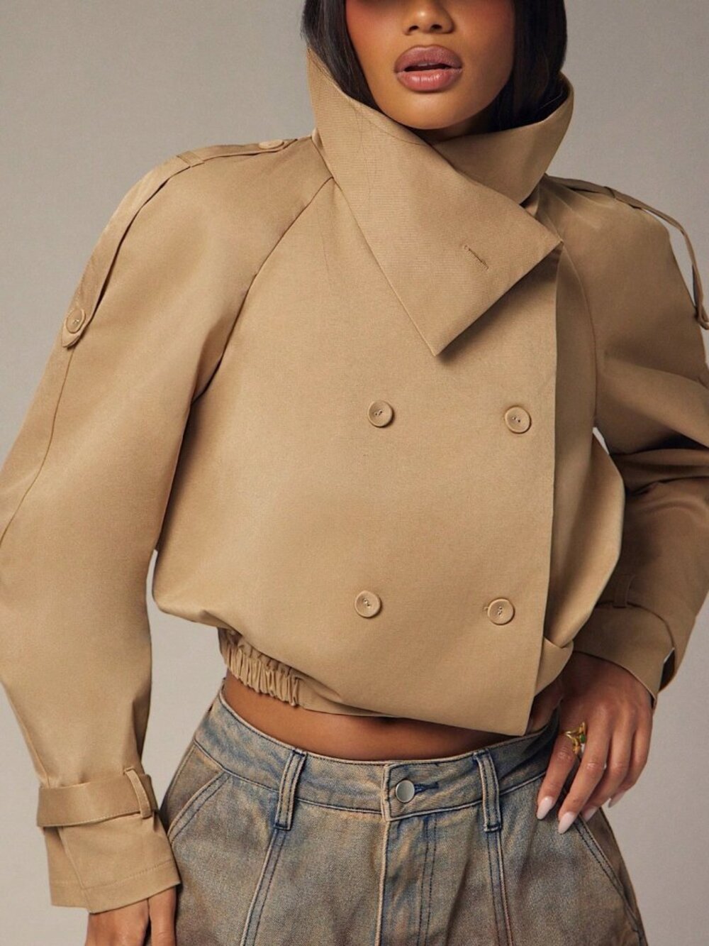 Khaki Casual Women's Loose Double Breasted High Collar Utility Short Jacket